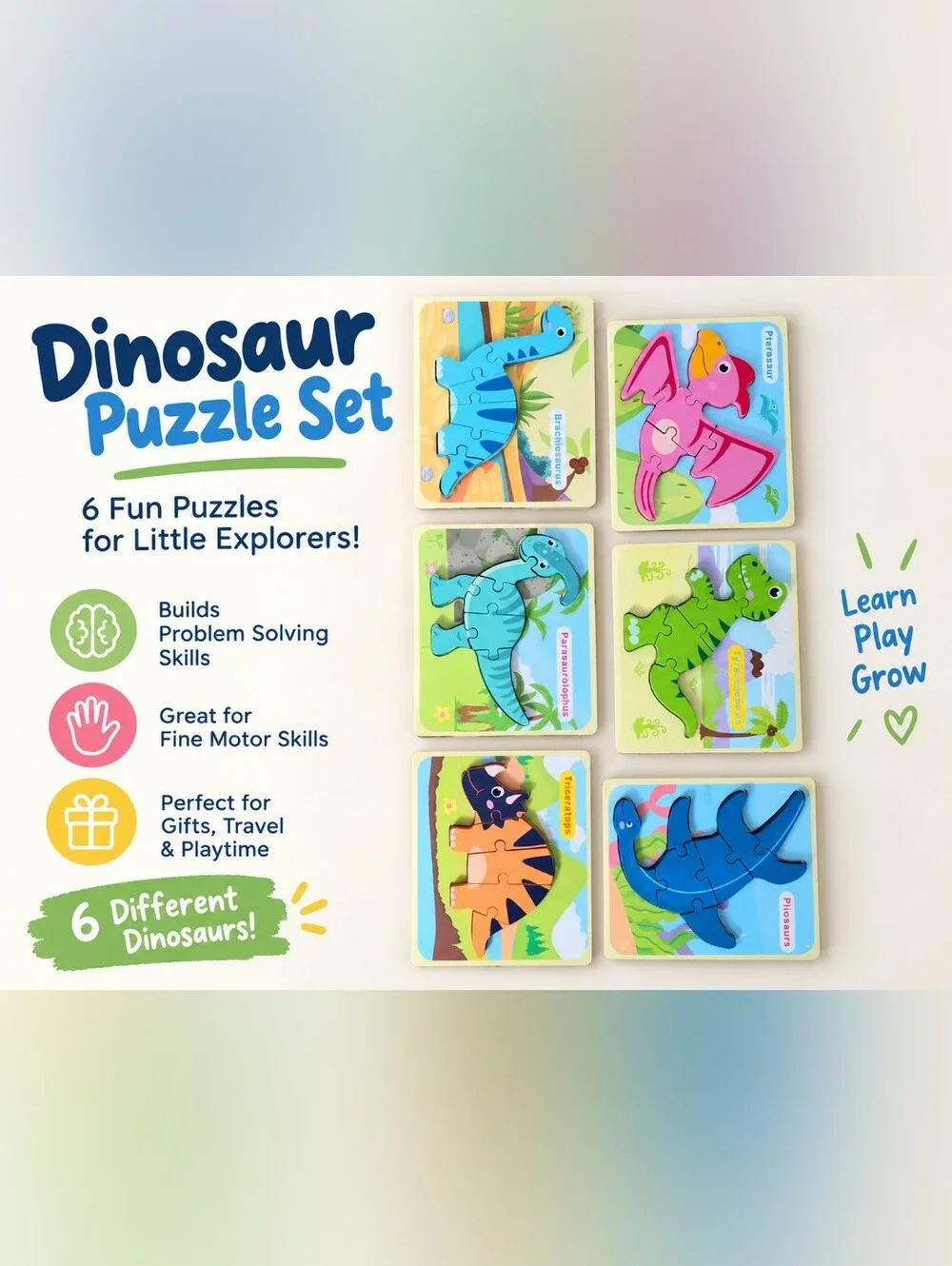 Kids Dinosaur Puzzle Set - Colorful Wooden Dino Puzzles